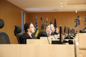 Na foto, estão em destaque as desembargadoras Silene e Iara, sentadas, participando da sessão, ao fundo, desfocado, demais participantes