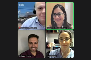 montagem com telas de computador mostrando a juíza da VT de Luziânia, o diretor de secretaria e advogados