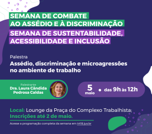 Arte gráfica nas cores roxo, verde e branco, para divulgar palestra sobre assédio, discriminação e microagressões no ambiente de trabalho