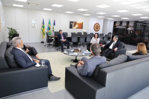 Foto colorida mostrando sete pessoas, sendo três mulheres e quatro homens sentados em poltronas pretas durante reunião