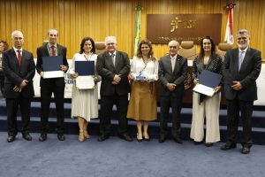 Foto colorida mostrando integrantes do TRT-18 ao lado de representantes do TST e do CSJT enquanto recebem prêmio de acessibilidade. Trata-se de oito pessoas, sendo elas três mulheres e cinco homens, usando roupas formais e sorrindo para foto. Duas mulheres e um homem seguram certificados e uma mulher, ao centro, segura um troféu com a logo da Justiça do Trabalho e a palavra "acessível".