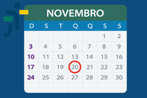 Imagem de uma folha de calendário do mês de novembro com o dia 20 circulado em vermelho