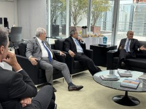 Pessoas sentadas em poltronas numa sala com uma mesa de centro de vidro. Atrás, um terraço com uma ampla janela com vasos ornamentais 