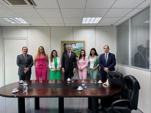 Sete pessoas estão em pé ao redor de uma mesa de conferência em um escritório. Cinco mulheres e três homens, vestidos formalmente, parecem estar em uma reunião ou posando para uma fotografia oficial. A sala é bem iluminada e tem um quadro de paisagem na parede ao fundo.