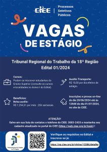 Cartaz de divulgação do processo seletivo para estágio no TRT-GO. O cartaz contém as informações descritas no texto da matéria.