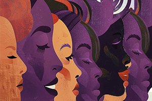Imagem com várias mulheres em tons de roxo e laranja alinhadas lado a lado, com expressões serenas e olhos fechados, simbolizando solidariedade e força. 