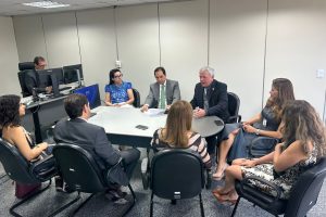 A imagem mostra um grupo de oito pessoas sentadas em volta de uma mesa em uma sala de reuniões, participando de uma discussão. Todos estão em cadeiras de escritório, vestindo trajes formais ou de trabalho.