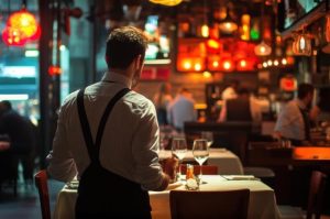 A imagem colorida mostra um garçom de costas para a câmera segurando uma bandeja com bebidas, ele está em um ambiente interno que parece ser o de um restaurante ou bar que tem a iluminação quente.