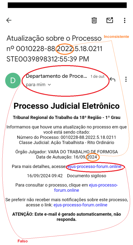 print de um email que é exemplo da tentativa de golpe, estão destacadas na imagem pontos para identificar a fraude