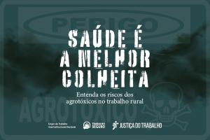 A imagem apresenta um fundo em tons escuros com uma névoa, remetendo a um ambiente perigoso ou contaminado. Em destaque, está o texto: **"Saúde é a melhor colheita"**, seguido da frase menor: **"Entenda os riscos dos agrotóxicos no trabalho rural"**. Há símbolos que indicam perigo, como uma caveira, e logos institucionais na parte inferior, incluindo os do **Trabalho Seguro** e da **Justiça do Trabalho**. O design enfatiza o alerta sobre os riscos dos agrotóxicos no ambiente agrícola.