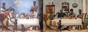 A colagem juxtapõe duas representações de refeições familiares: à esquerda, uma pintura com pessoas de diferentes aparências étnicas em uma cena de jantar; à direita, uma colagem digital mostrando uma família de pessoas que aparentam ser da mesma etnia reunida em torno de uma mesa
