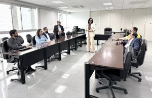 Grupo de pessoas reunidas em uma sala, sentadas em uma mesa em U, ouvindo uma mulher que está em pé de terno de cor clara.