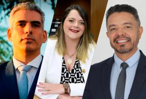 uma montagem com a foto de três pessoas: um homem jovem de cabelos grisalhos e terno, uma mulher de cabelos escuros e pontas loiras vestindo blaser, um homem de cabelos escuros vestindo terno