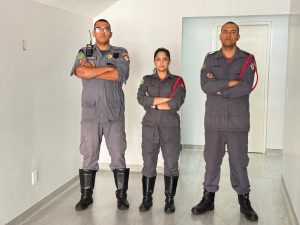 Três bombeiros civis em pé posando para foto