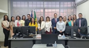 
Um grupo de cerca de 15 pessoas, homens e mulheres, está em pé atrás de uma bancada de trabalho com monitores de computador, em um escritório. Ao fundo, há bandeiras do Brasil, de Goiás e do Poder Judiciário.