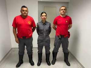 Três bombeiros civis em pé posando para a foto