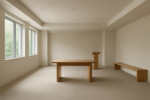 Imagem ilustrativa de uma sala com paredes brancas, móveis em madeira e vista para uma área verde, gerada por IA.