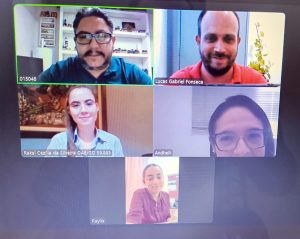 Captura de tela com fundo preto mostrando cinco pessoas durante audiência virtual.