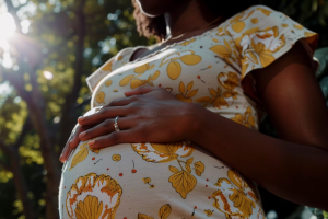 Imagem de uma mulher negra grávida, mostrada do queixo para baixo. Ela aparece com a mão esquerda sobre a barriga. Ao fundo, árvores e a luz do sol.