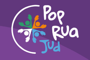 Logo de fundo lilás , com texto Pop Rua Jud