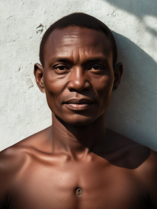 Imagem gerada por inteligência artificial., conforme manuscritos de Luiz Gama. A imagem mostra um homem de pele negra e cabelo curto. Ele está de pé em frente a uma parede de concreto.