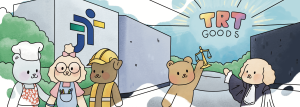 A imagem é uma **ilustração de desenho animado** que mostra dois animais fofos em um cenário aberto: um urso de pelúcia à esquerda, segurando uma balança da justiça dourada, e um cachorro poodle à direita, vestido com uma toga de juiz. Acima, em letras coloridas, está escrito **"TRT GOODS"**. Eles estão em uma estrada que leva à frente, com paredes ou prédios grandes dos lados, e um céu claro com um sol estilizado.
