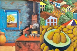 Montagem de três pinturas. Na esquerda, a imagem de uma cozinha com fogão à lenha e uma janela aberta. No canto superior direito, a imagem de uma pequena vila. No canto inferior direito, vários pequis.