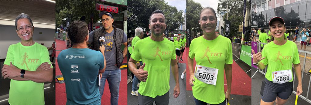 Montagem com fotos de pessoas durante a Meia Maratona TRT Goiás 2025