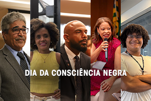 Montagem fotográfica que mostra cinco pessoas (três homens e duas mulheres) em faixas verticais. O painel central exibe em destaque o texto branco "DIA DA CONSCIÊNCIA NEGRA". As fotos mostram indivíduos em diferentes ambientes, como eventos e escritórios.