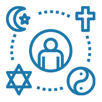 Figura mostrandoum homem e vários símbolos religiosos ao redor